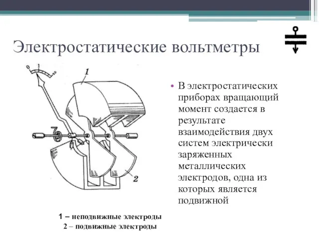 Электростатические вольтметры В электростатических приборах вращающий момент создается в результате