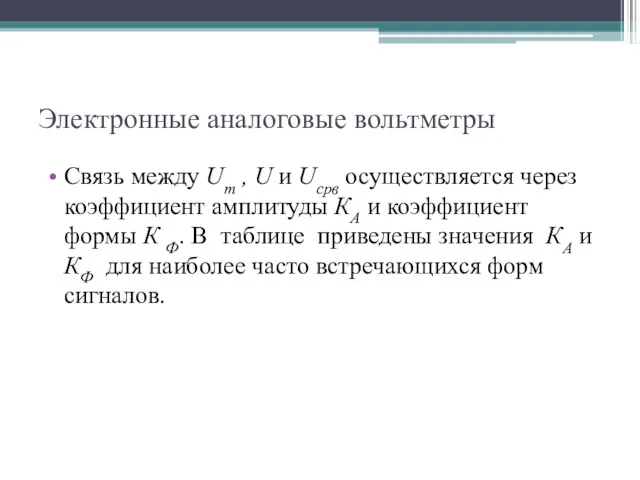 Электронные аналоговые вольтметры Связь между Um , U и Ucрв