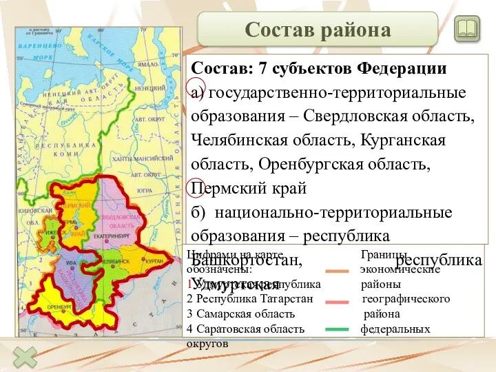 Цифрами на карте Границы обозначены: экономические 1 Удмуртская республика районы 2 Республика Татарстан