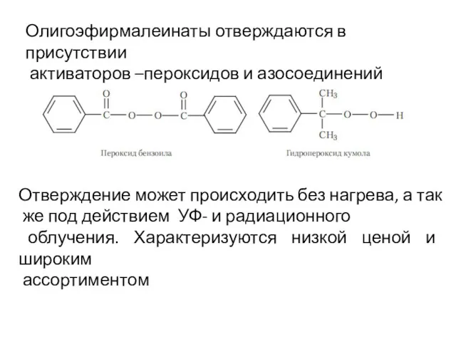 Олигоэфирмалеинаты отверждаются в присутствии активаторов –пероксидов и азосоединений Отверждение может