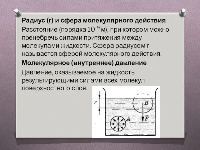 Радиус (r) и сфера молекулярного действия Расстояние (порядка 10-9 м),