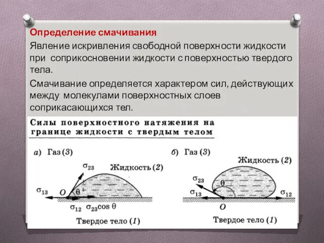 Определение смачивания Явление искривления свободной поверхности жидкости при соприкосновении жидкости