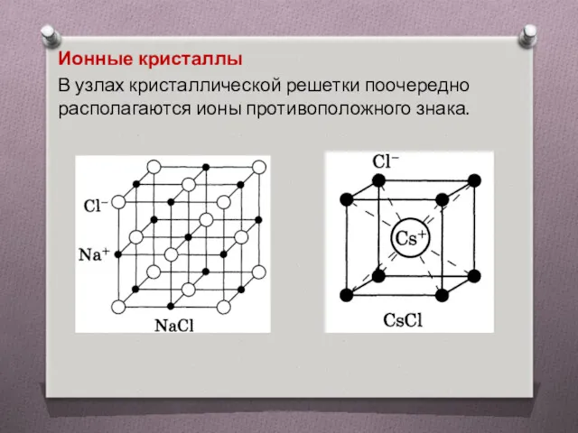 Ионные кристаллы В узлах кристаллической решетки поочередно располагаются ионы противоположного знака.