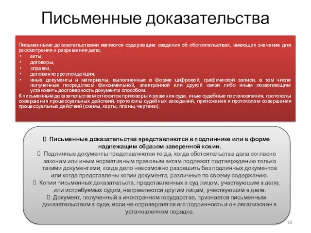 Письменные доказательства Письменными доказательствами являются содержащие сведения об обстоятельствах, имеющих