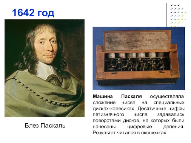 1642 год Блез Паскаль Машина Паскаля осуществляла сложение чисел на