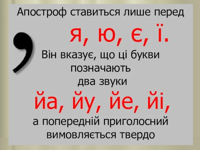 Апостроф ставиться лише перед я, ю, є, ї. Він вказує,