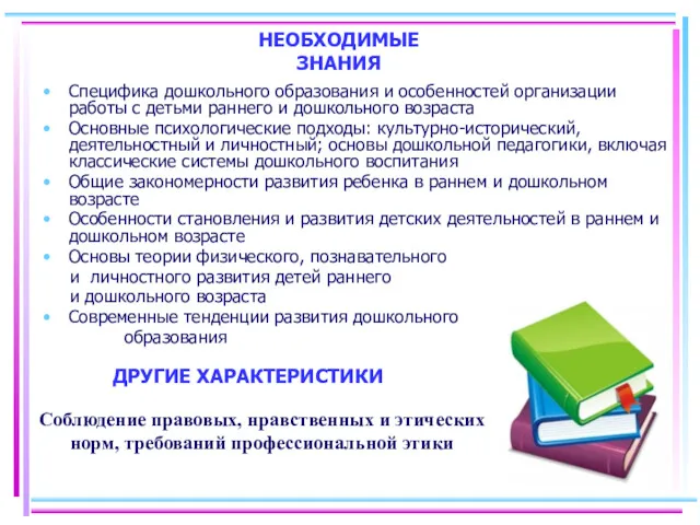 НЕОБХОДИМЫЕ ЗНАНИЯ Специфика дошкольного образования и особенностей организации работы с