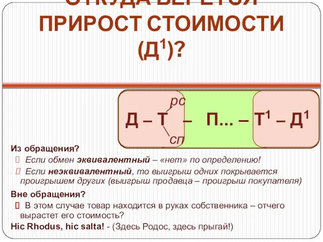 ОТКУДА БЕРЕТСЯ ПРИРОСТ СТОИМОСТИ (Д1)? Из обращения? Если обмен эквивалентный