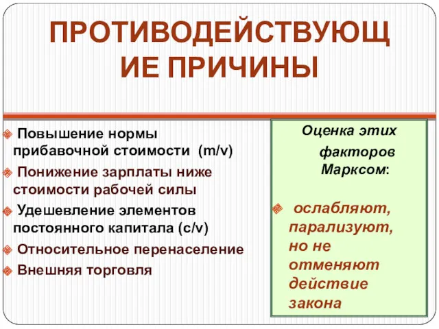 ПРОТИВОДЕЙСТВУЮЩИЕ ПРИЧИНЫ Повышение нормы прибавочной стоимости (m/v) Понижение зарплаты ниже