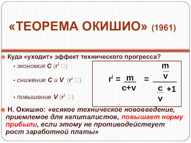 «ТЕОРЕМА ОКИШИО» (1961) Куда «уходит» эффект технического прогресса? экономия С