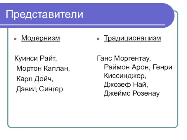 Представители Модернизм Куинси Райт, Мортон Каплан, Карл Дойч, Дэвид Сингер Традиционализм Ганс Моргентау,