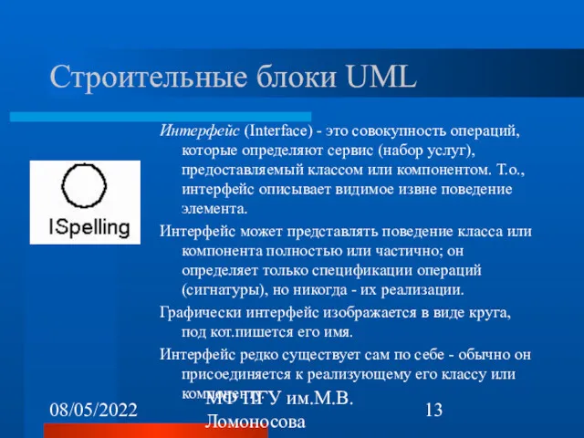 08/05/2022 МФ ПГУ им.М.В.Ломоносова Строительные блоки UML Интерфейс (Interface) -