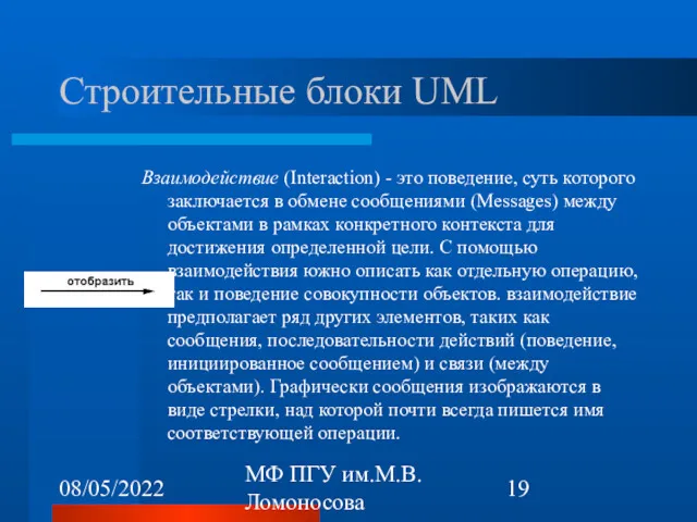 08/05/2022 МФ ПГУ им.М.В.Ломоносова Строительные блоки UML Взаимодействие (Interaction) -