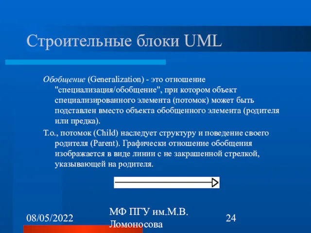 08/05/2022 МФ ПГУ им.М.В.Ломоносова Строительные блоки UML Обобщение (Generalization) -