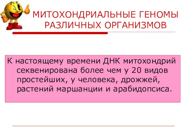 МИТОХОНДРИАЛЬНЫЕ ГЕНОМЫ РАЗЛИЧНЫХ ОРГАНИЗМОВ К настоящему времени ДНК митохондрий секвенирована