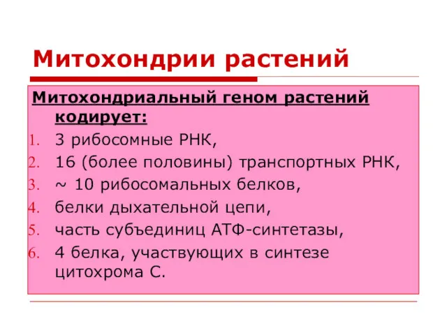 Митохондрии растений Митохондриальный геном растений кодирует: 3 рибосомные РНК, 16