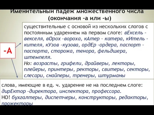 Именительный падеж множественного числа (окончания –а или –ы) -А существительные с основой из