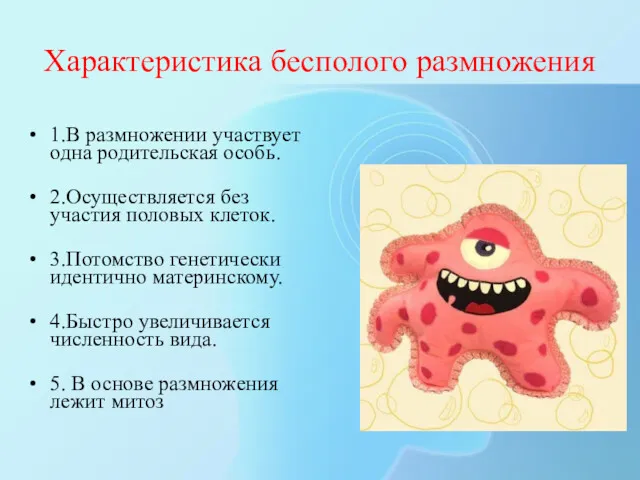 Характеристика бесполого размножения 1.В размножении участвует одна родительская особь. 2.Осуществляется