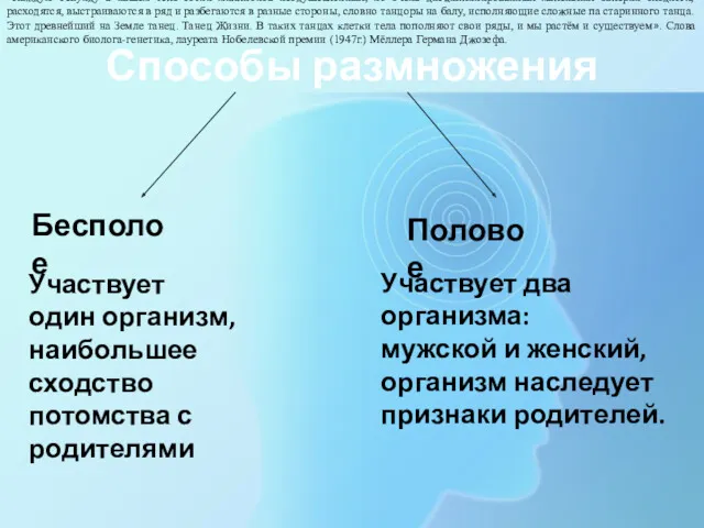 Способы размножения Бесполое Половое Участвует один организм, наибольшее сходство потомства