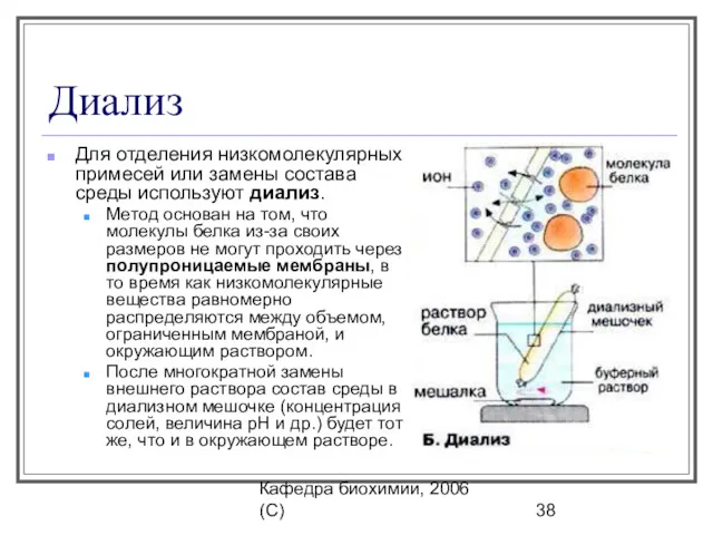 Кафедра биохимии, 2006 (C) Диализ Для отделения низкомолекулярных примесей или замены состава среды