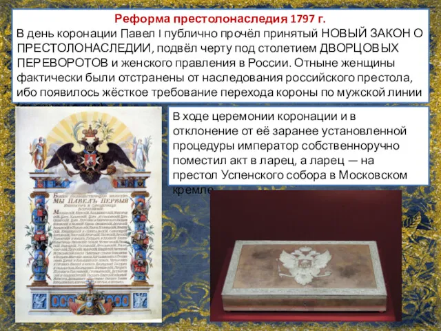 Реформа престолонаследия 1797 г. В день коронации Павел I публично