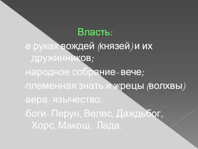 Власть: -в руках вождей (князей) и их дружинников; -народное собрание-