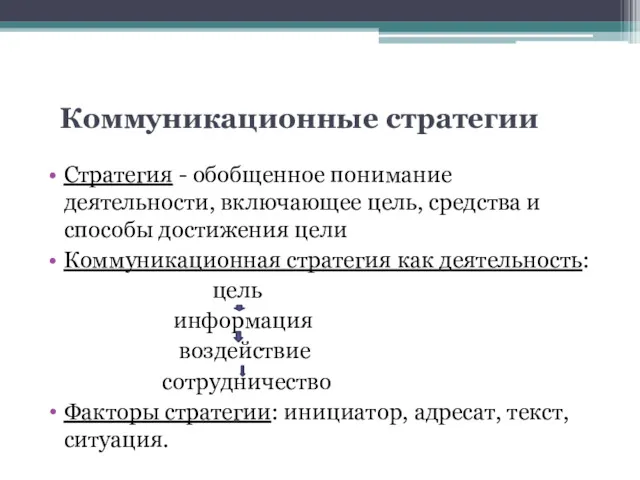 Коммуникационные стратегии Стратегия - обобщенное понимание деятельности, включающее цель, средства