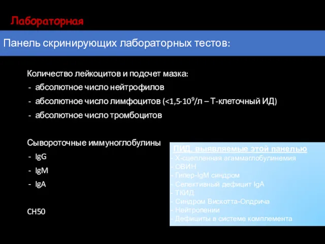 Панель скринирующих лабораторных тестов: Количество лейкоцитов и подсчет мазка: абсолютное