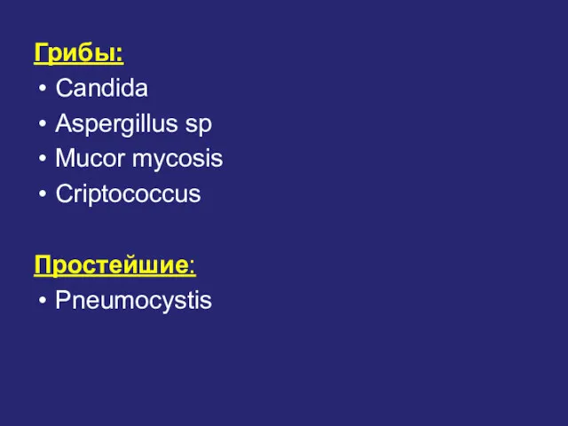 Грибы: Candida Aspergillus sp Mucor mycosis Criptococcus Простейшие: Pneumocystis