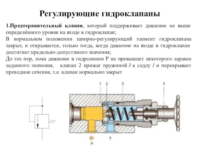 Регулирующие гидроклапаны 1.Предохранительный клапан, который поддерживает давление не выше определённого