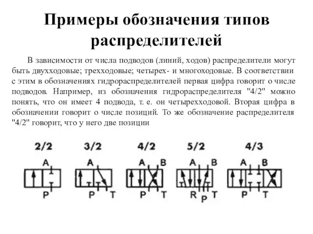 Примеры обозначения типов распределителей В зависимости от числа подводов (линий,