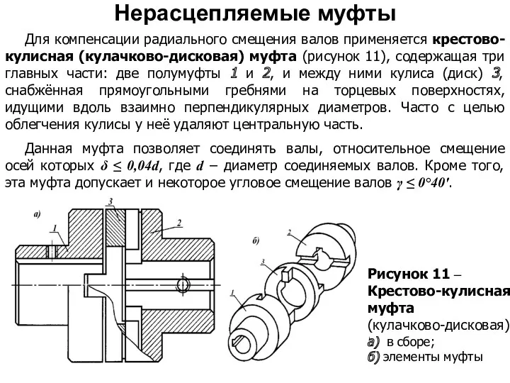 Для компенсации радиального смещения валов применяется крестово-кулисная (кулачково-дисковая) муфта (рисунок