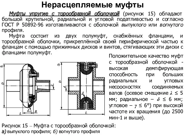 Муфты упругие с торообразной оболочкой (рисунок 15) обладают большой крутильной,