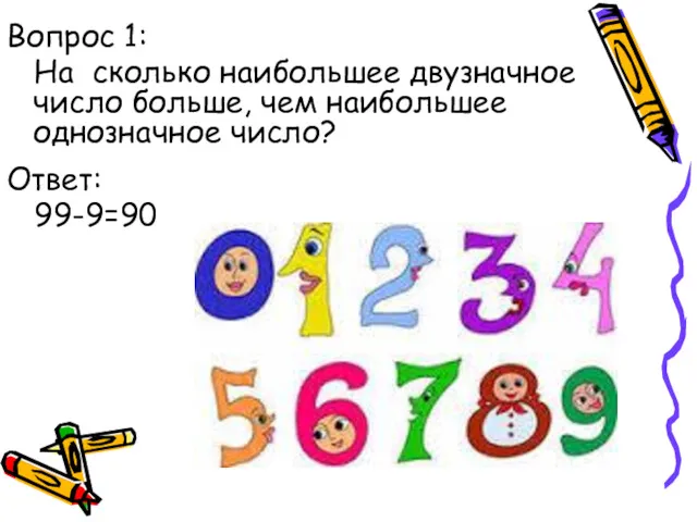 Ответ: 99-9=90 Вопрос 1: На сколько наибольшее двузначное число больше, чем наибольшее однозначное число?