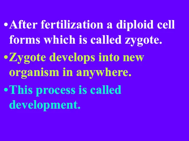 After fertilization a diploid cell forms which is called zygote. Zygote develops into