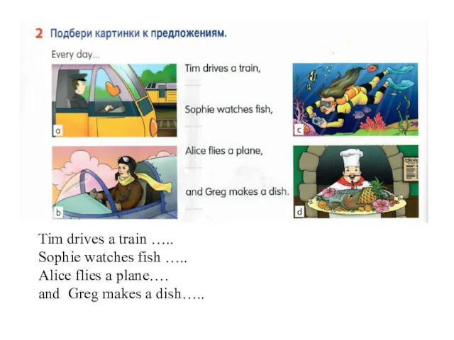 Tim drives a train ….. Sophie watches fish ….. Alice