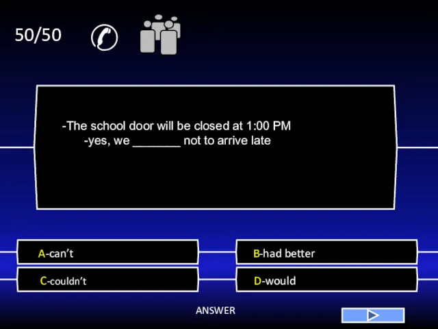 ✆ 50/50 A-can’t B-had better C-couldn’t D-would ANSWER -The school