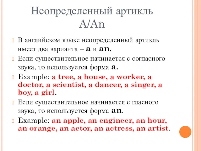 Неопределенный артикль A/An В английском языке неопределенный артикль имеет два