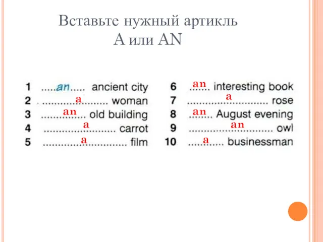 Вставьте нужный артикль A или AN a a an a a a an an an