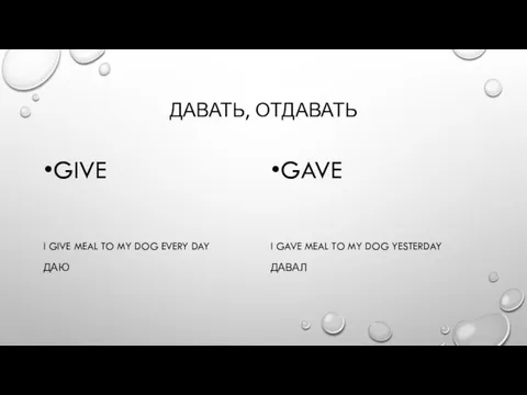 ДАВАТЬ, ОТДАВАТЬ GIVE I GIVE MEAL TO MY DOG EVERY