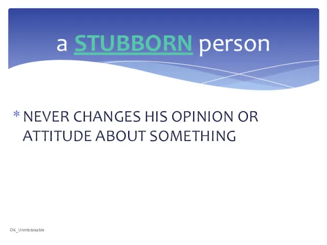NEVER CHANGES HIS OPINION OR ATTITUDE ABOUT SOMETHING a STUBBORN person OK_Unmistakable