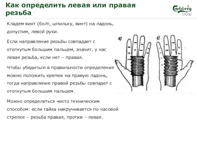 Кладем винт (болт, шпильку, винт) на ладонь, допустим, левой руки.