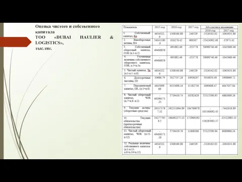Оценка чистого и собственного капитала ТОО «DUBAI HAULIER & LOGISTICS», тыс.тнг.
