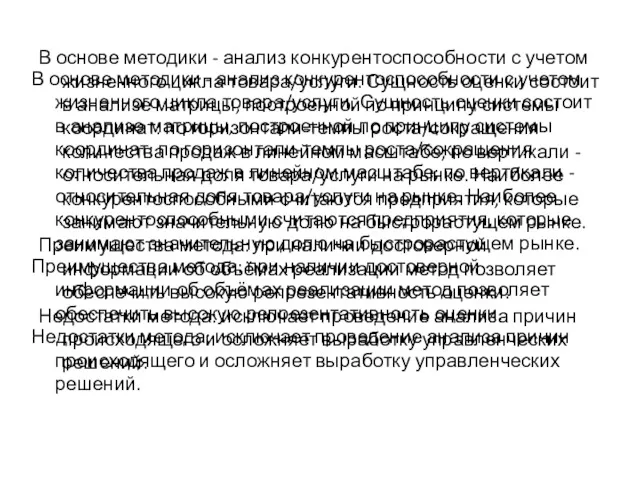 В основе методики - анализ конкурентоспособности с учетом жизненного цикла товара/услуги. Сущность оценки