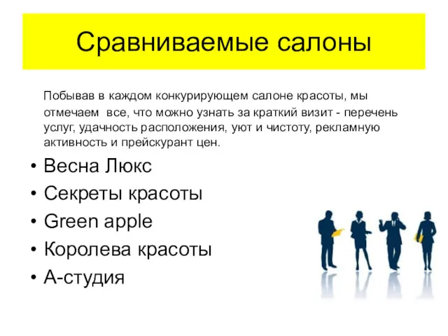 Сравниваемые салоны Побывав в каждом конкурирующем салоне красоты, мы отмечаем