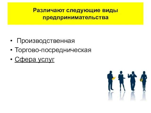 Различают следующие виды предпринимательства Производственная Торгово-посредническая Сфера услуг