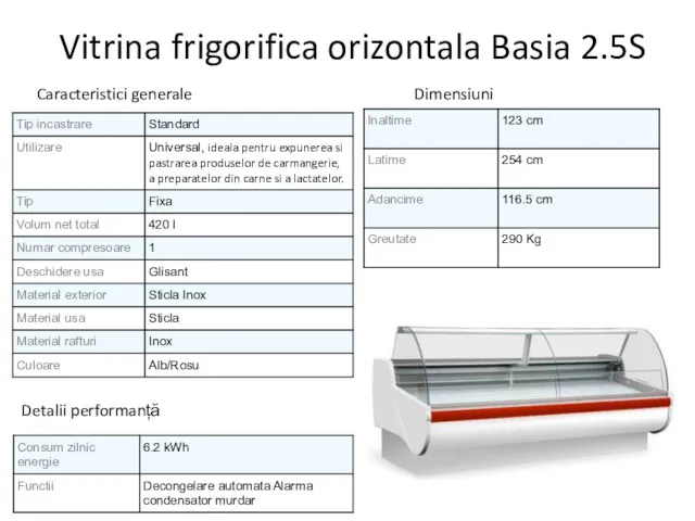 Vitrina frigorifica orizontala Basia 2.5S Caracteristici generale Dimensiuni Detalii performanță