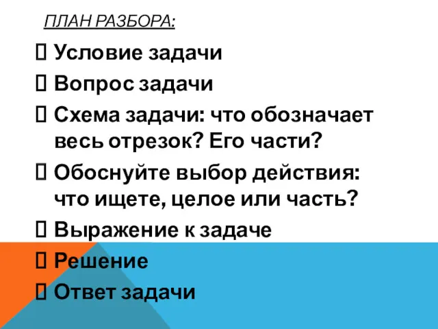 ПЛАН РАЗБОРА: Условие задачи Вопрос задачи Схема задачи: что обозначает