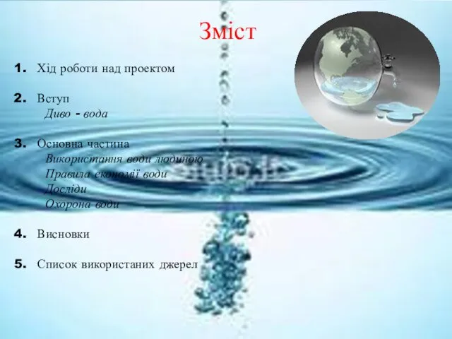 Зміст Хід роботи над проектом Вступ Диво - вода Основна