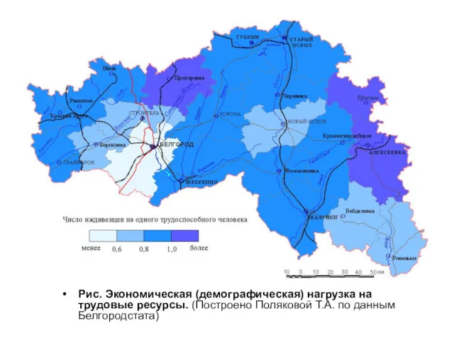 Рис. Экономическая (демографическая) нагрузка на трудовые ресурсы. (Построено Поляковой Т.А. по данным Белгородстата)